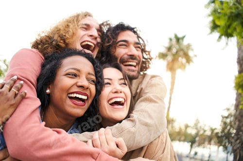 Preview: Embrace People Laughing. Young group of Friends Outdoors. Youth Culture and City Lifestyle