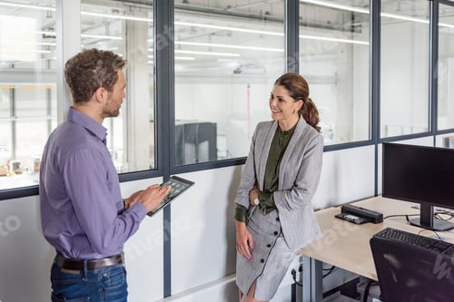 Preview: Businessman and woman having a meeting in company office