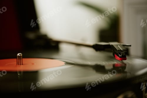 Preview: Close up of Vinyl Record Spinning on Turntable in Home Environment