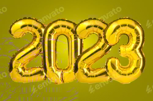 Preview: New Year 2023 celebration. Golden Yellow foil color balloons. 2023 balloons. On Yellow background