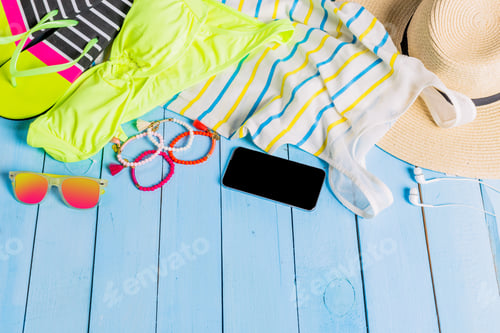 Preview: Beach accessories with yellow swimming suit,sunglasses and flip flops