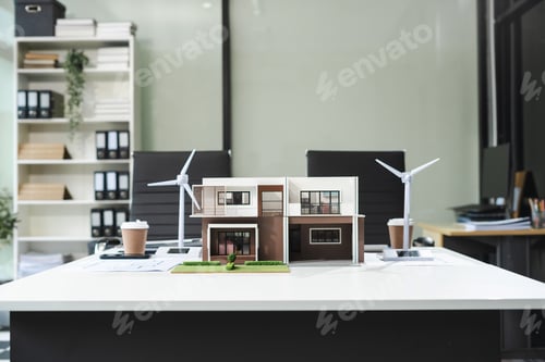 Preview: Workspace area with laptop for working technology and Renewable energy-based green businesses