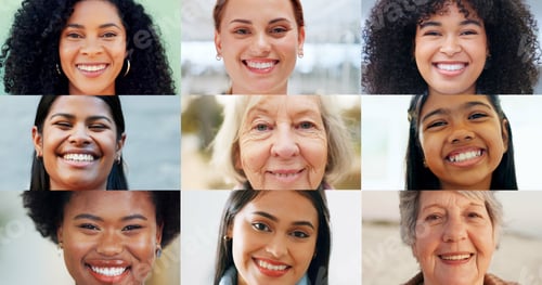 Preview: Woman, collage and portrait for diversity with smile for community, life insurance or older female.