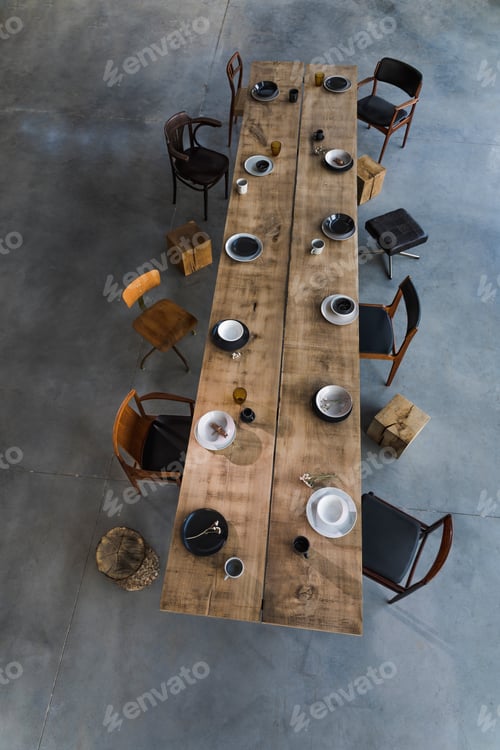 Preview: Elegant composition of classy dining room interior design with rustic table.