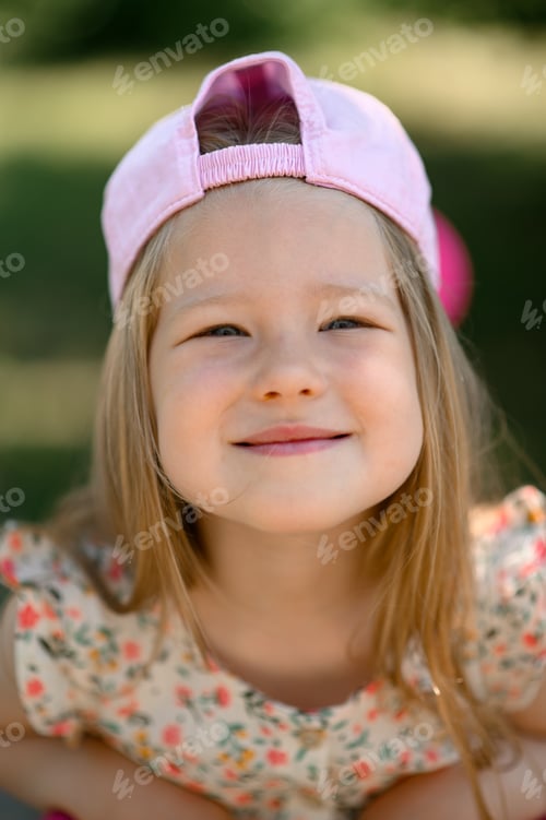 Preview: A little girl 3 years old in a pink cap rides a scooter. Summer time.