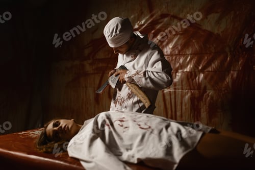 Preview: Crazy psychiatrist with axe and female patient