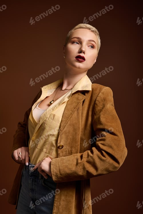 Preview: Fashionable young woman poses confidently in stylish outfit against a rich brown backdrop