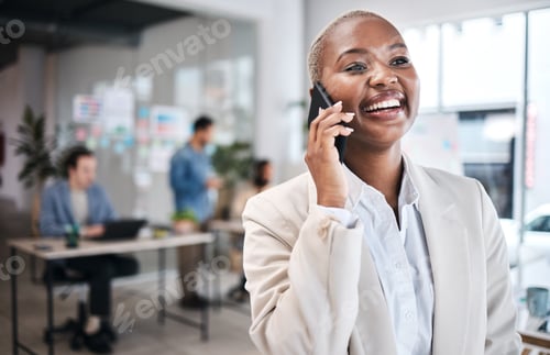 Preview: Phone call, funny and black woman in office for communication, conversation or chat. Smartphone, ha