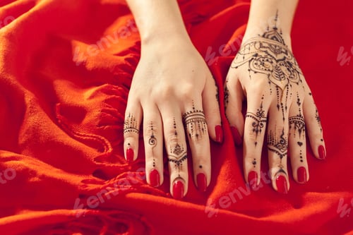 Preview: Red manicured hands with Mehndi