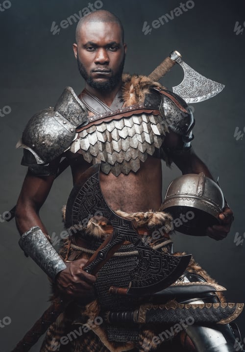 Preview: Handsome black skinned fighter with antique equipment and axe
