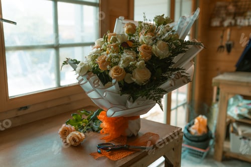 Preview: Bouquet of peach and white roses on table