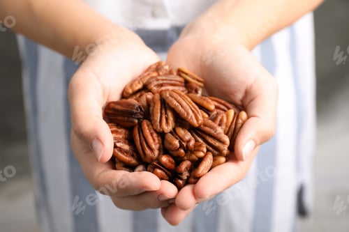 Preview: Woman holding shelled pecan nuts in hands, closeup