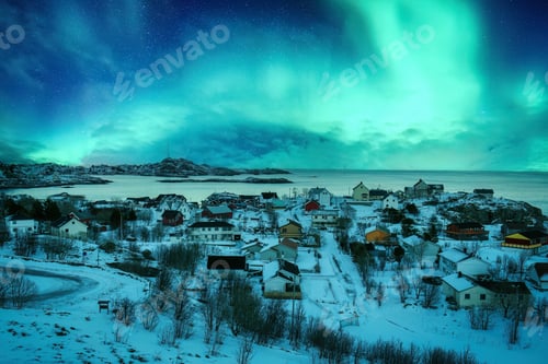Preview: Aurora borealis over snowy A nordland village of Moskenes at Lofoten Islands, Norway