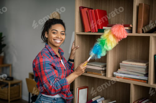 Preview: Glad pretty young black female with brush wipes dust on furniture, enjoys cleaning in living room