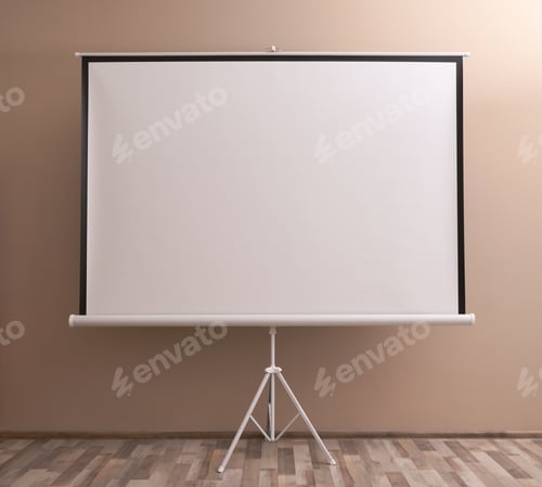 Preview: Blank projection screen near beige wall indoors. Space for design