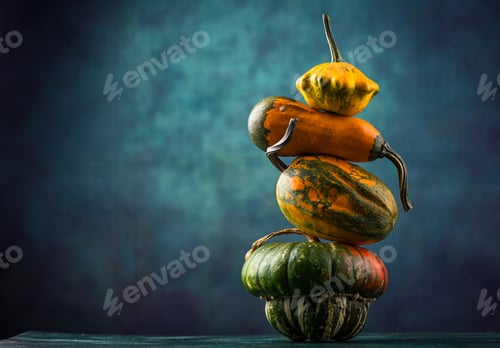 Preview: Various decorative pumpkin on green background