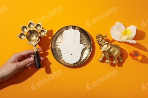 Preview: Copper utensils in hand, elephant figurine, Hamsa and flower on orange background, top view