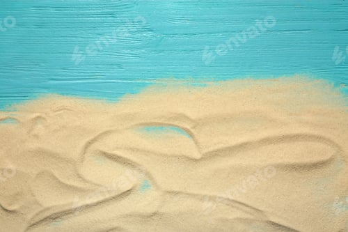 Preview: Beach sand on wooden background, top view with space for text