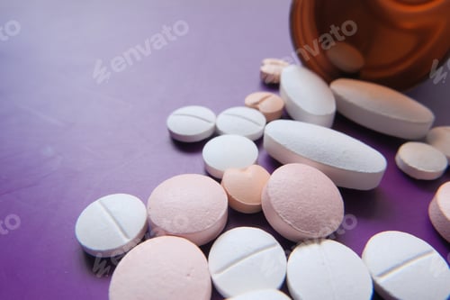 Preview: close up of an orange prescription drug bottle with white tablets spilled out
