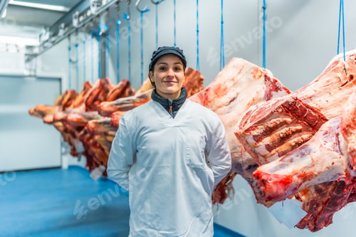 Preview: Proud and happy woman butcher in a meat processing factory