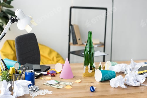 Preview: close up view of party decorations and dollars at workplace in office