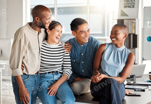 Preview: Group of diverse cheerful businesspeople spending time in an office together at work. Joyful busine