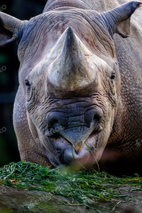 Preview: Close-up of a rhinoceros eating grass.