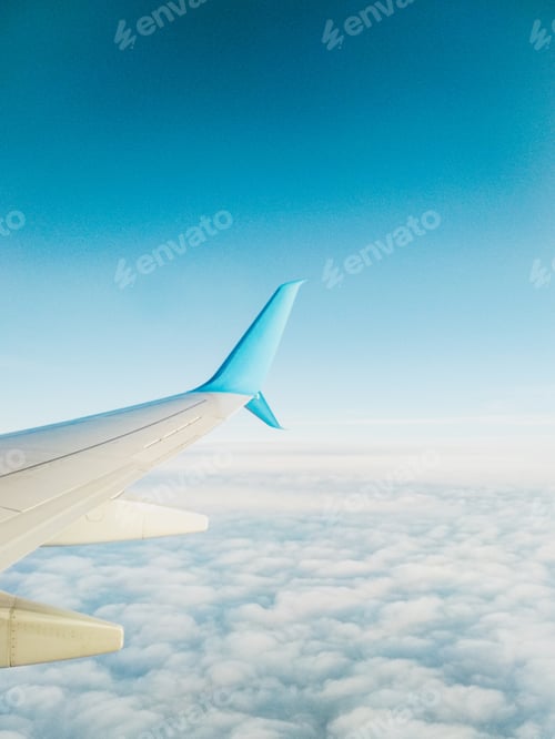 Preview: Wing passenger airbus in the sky above the clouds, flight, air travel
