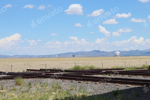 Preview: View of the large array of radio telescopes in the field near Socorro on a sunny day, New Mexico