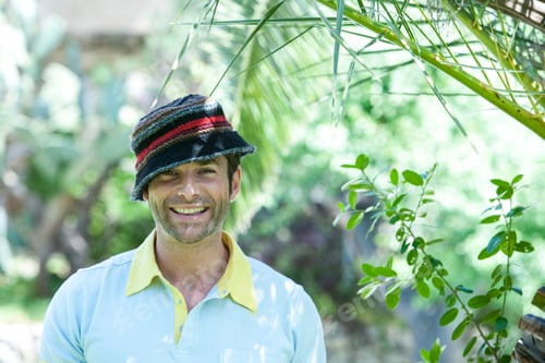 Preview: Portrait of happy mid adult man wearing hat in garden