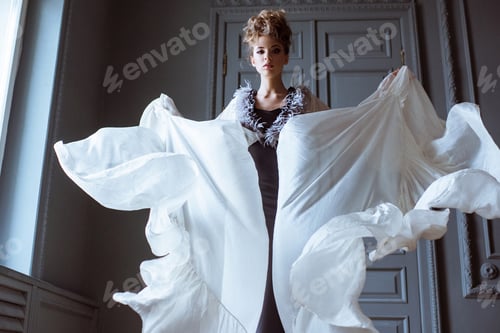 Preview: Fashionable female portrait of cute lady in dress indoors