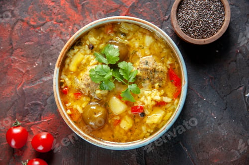 Preview: top view tasty meat soup with potatoes and rice inside little plate on dark surface food salad