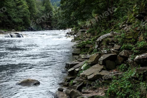 Preview: Wild mountain river flowing along rocky banks in forest