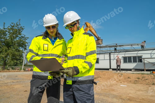 Preview: An engineer in visibility jacket and helmet working on construction site.