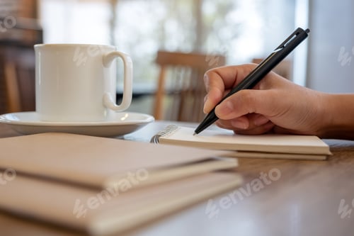 Preview: Closeup image of a hand writing on blank notebook with coffee cup on table in cafe