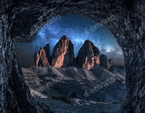 Preview: Stunning view to Tre Cime from cave at night, Dolomites