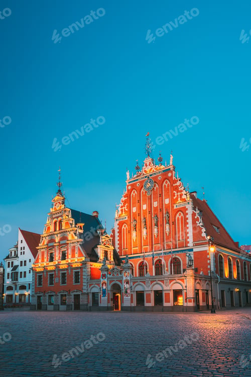 Preview: Riga, Latvia. Schwabe House And House Of The Blackheads At Town Hall Square, Ancient Historical
