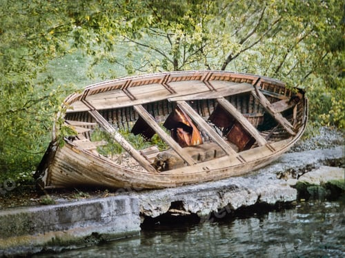 Preview: Old wooden boat on the shore with background of trees and forest and a river in front