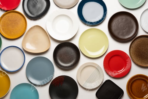 Preview: Group of Empty colourful ceramic plates top view