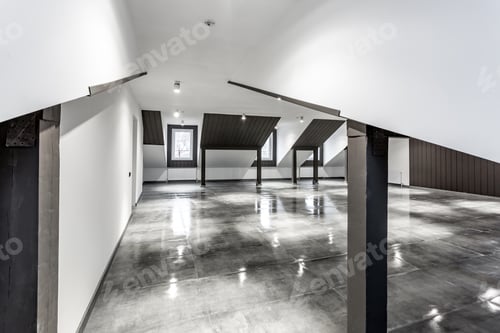 Preview: Empty unfurnished loft mansard room interior with wooden columns and wet concrete floor