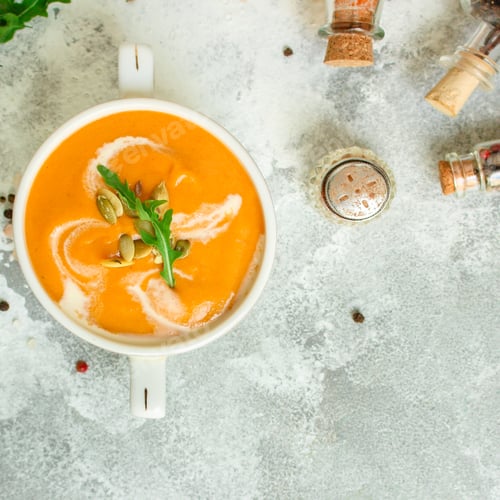 Preview: Pumpkin Soup (First Course, Delicious Vegetable Vitamin Food) Menu Concept. Food Background. Copy