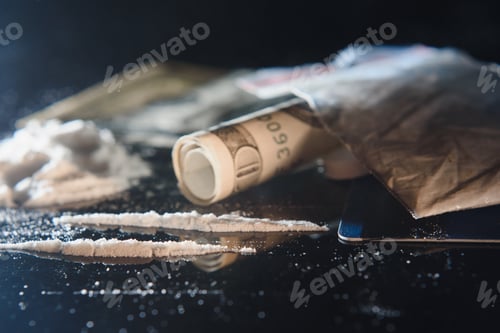 Preview: Cocaine and money isolated on black background.