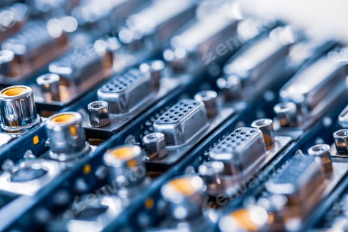 Preview: Close-up blurry metal sockets on a computer video board