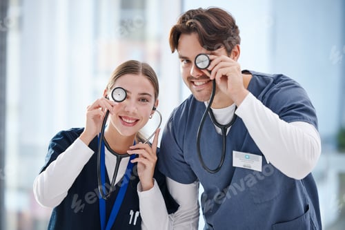 Preview: Portrait, healthcare and stethoscope with nurse friends having fun in the hospital together for car