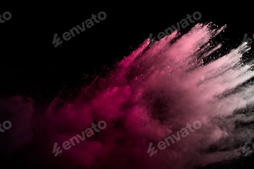 Preview: Purple powder explosion. Abstract closeup dust on backdrop.