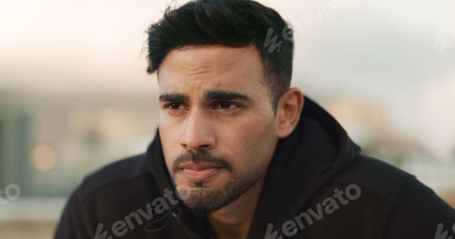 Preview: Man, runner and thinking outdoor for fitness, exercise or wellness with city background or nature.