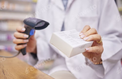 Preview: Pharmacy, hands and woman scanning medicine at checkout counter for prescription drugs. Healthcare,