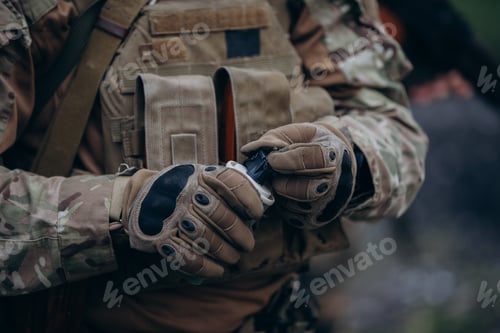Preview: Closeup of Ukrainian soldier holding grenade
