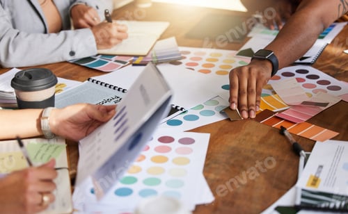 Preview: Hands, designer color and office teamwork for creative project in company workplace. Collaboration,