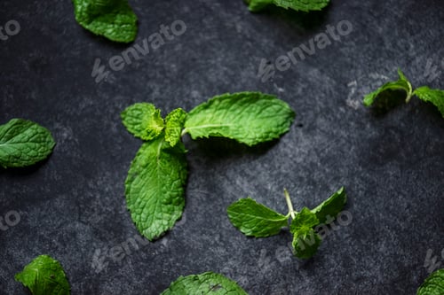 Preview: Closeup of fresh mint leaves on black background
